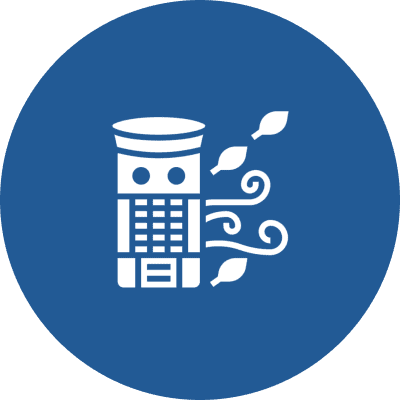 Blue circle with robot and wind design